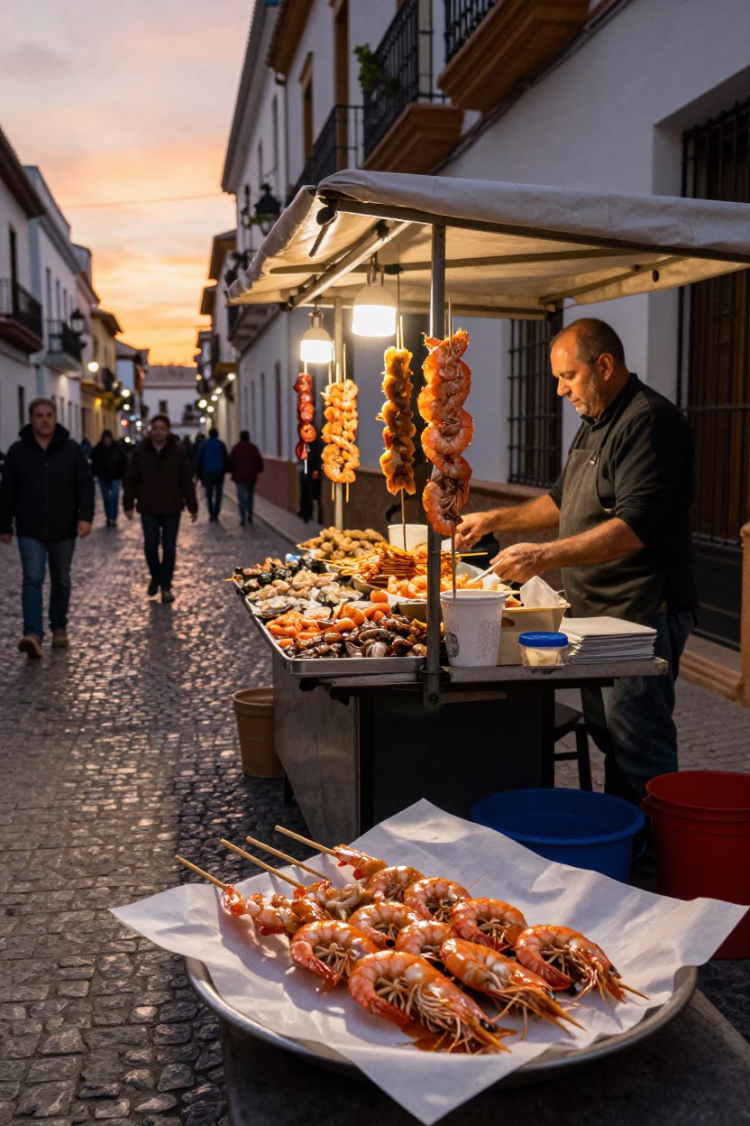 Granada Spain Evening Street Scene with Shrimp Skewers and Local Atmosphere in in Granada, Spain