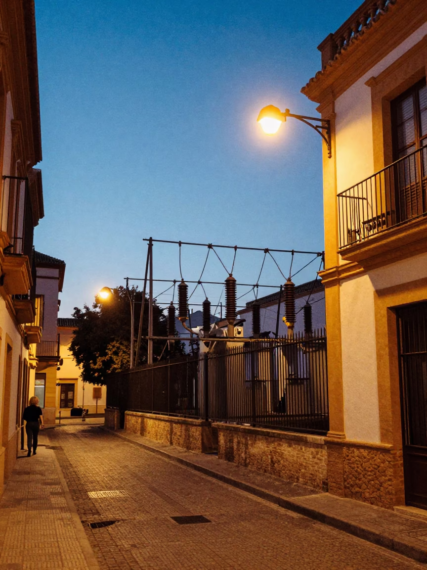 Granada Spain Evening Street Scene with Substation Fence and Copper Pot in in Granada, Spain