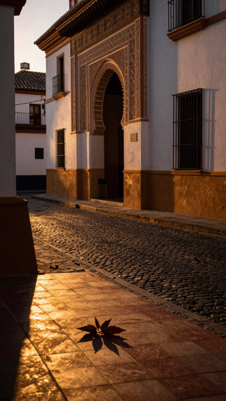 Granada Spain Evening Street Scene with Tiled Floor and Leaf Shadows in in Granada, Spain