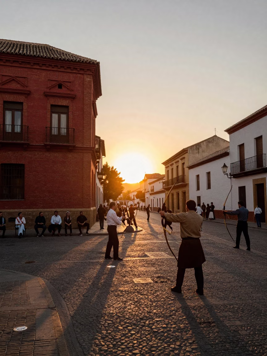 Granada Spain Evening Street Scene with Traditional Archery Contest and Bicycle Rack in in Granada, Spain