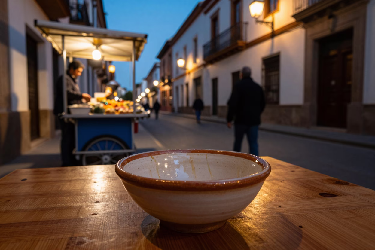 Granada Spain Evening Street Scene with Traditional Ceramic Bowl and City Lights in in Granada, Spain