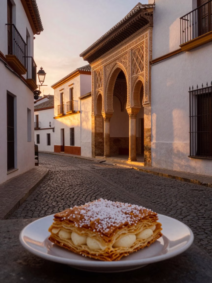 Granada Spain Evening Street Scene with Traditional Mille-Feuille Dessert on Cafe Table in in Granada, Spain