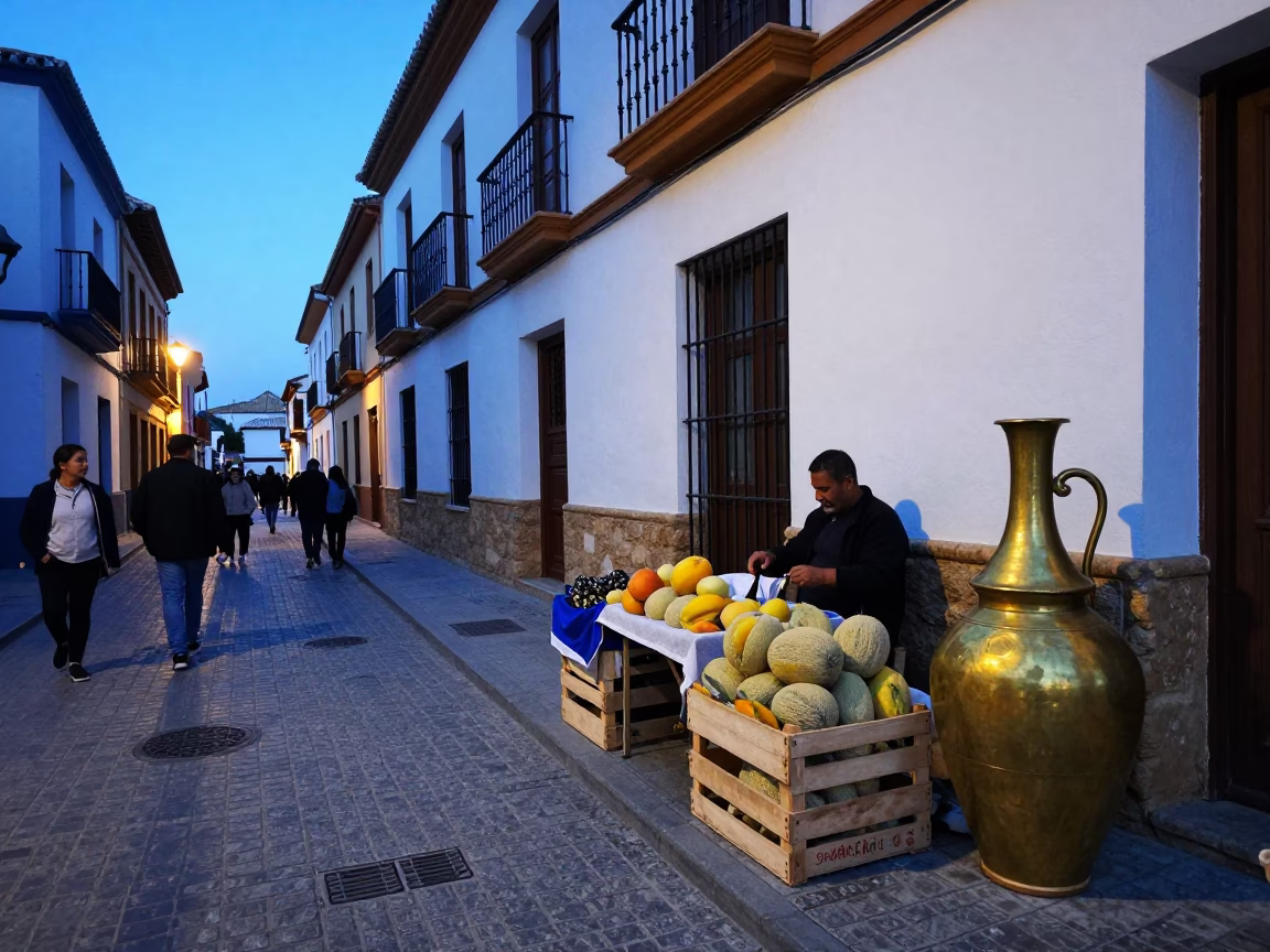 Granada Spain Evening Street Scene with Traditional Pottery and Local Commerce in in Granada, Spain
