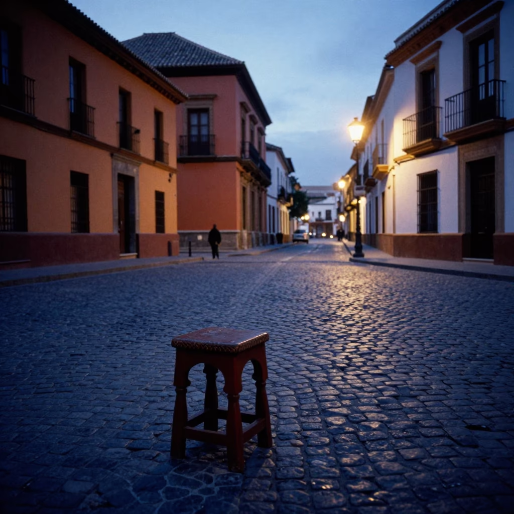 Granada Spain Evening Street Scene with Traditional Stool and Cobblestone Plaza in in Granada, Spain