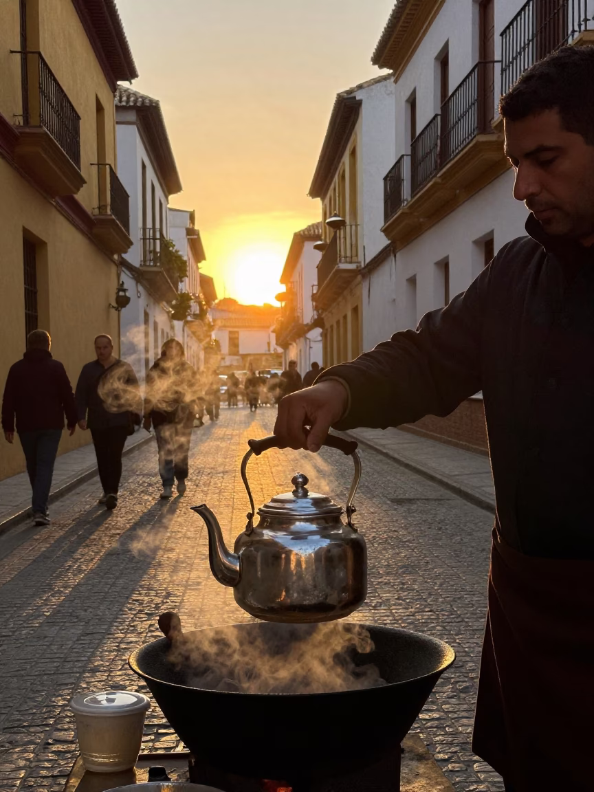 Granada Spain Evening Street Scene with Traditional Tea Kettle and Busy Market Atmosphere in in Granada, Spain