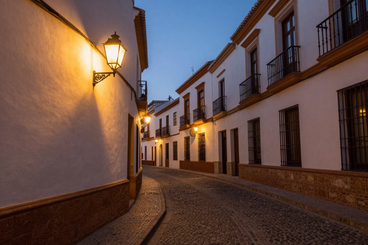 Granada Spain evening street scene with traditional wall sconce lighting cobblestone alleyway in in Granada, Spain