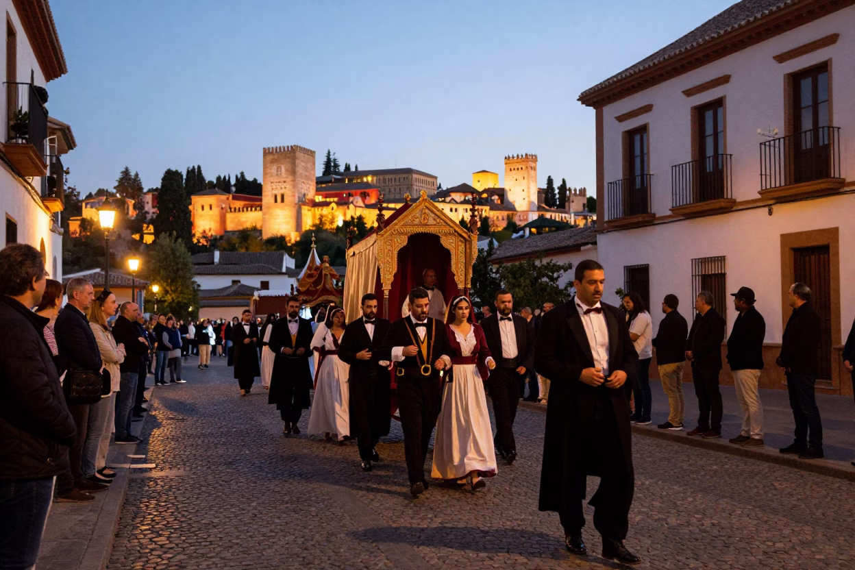 Granada Spain Evening Street Scene with Traditional Wedding Procession and City Lights in in Granada, Spain