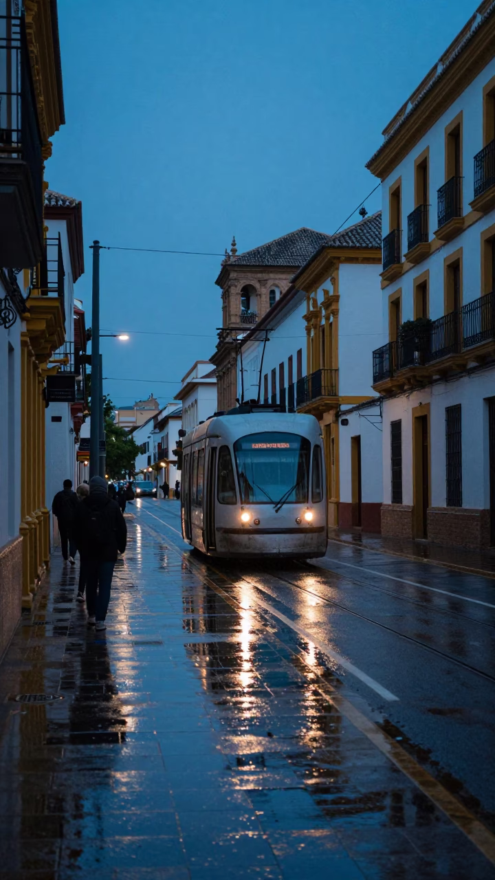 Granada Spain Evening Street Scene with Tramcar Reflection on Wet Cobblestones in in Granada, Spain