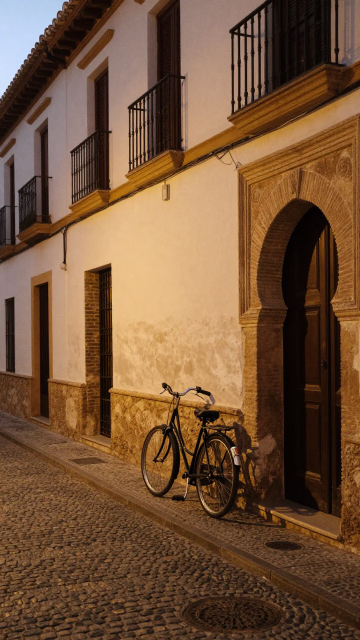 Granada Spain Evening Street Scene with Vintage Bicycle and Stone Architecture in in Granada, Spain
