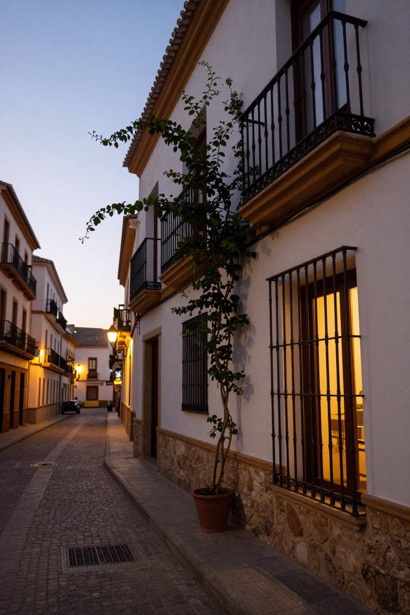 Granada Spain Evening Street Scene with Window Light and Vine in in Granada, Spain
