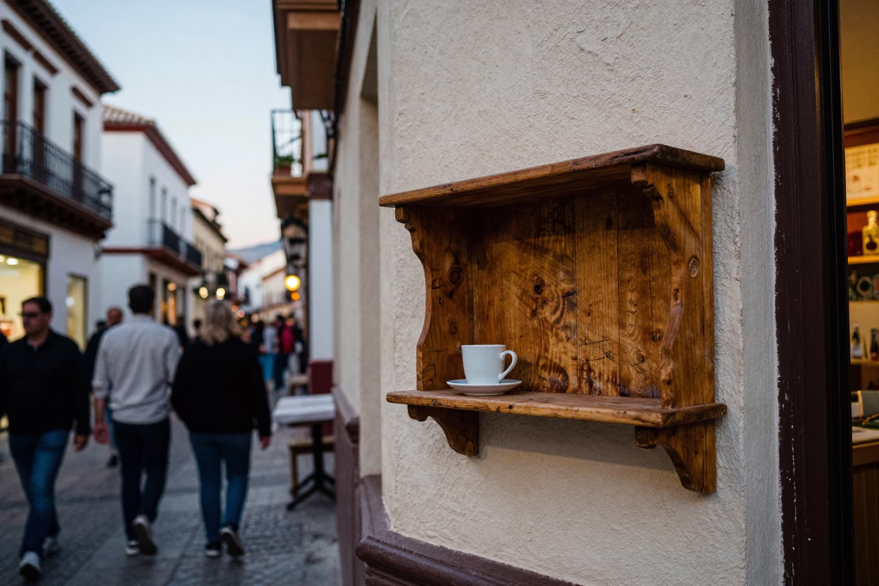 Granada Spain Evening Street Scene with Wooden Shelf and Cup in in Granada, Spain