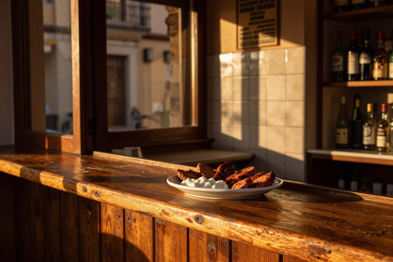 Granada Spain Evening Tapas Bar Interior with Smudged Tile Grout and Drawer Knob Details in in Granada, Spain