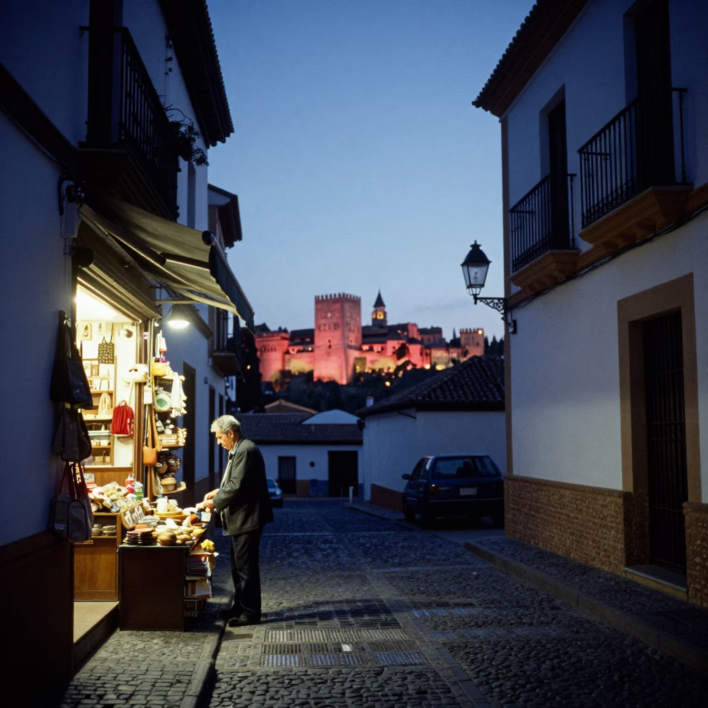 Granada Spain Evening Twilight Street Scene with Local Shopkeeper and Utensil Crocks in in Granada, Spain