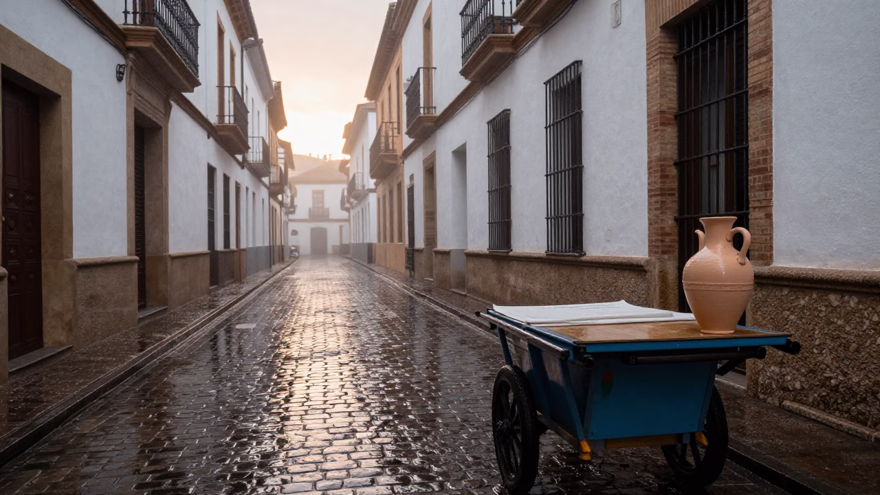 Granada Spain First Light After Rain Street Scene With Local Vendor in in Granada, Spain