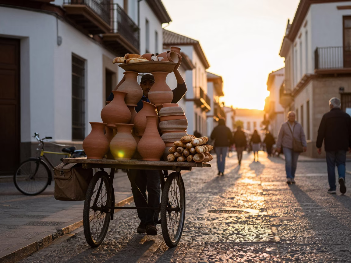 Granada Spain Golden Hour Street Scene with Clay Pot and Bicycle Baguettes in in Granada, Spain