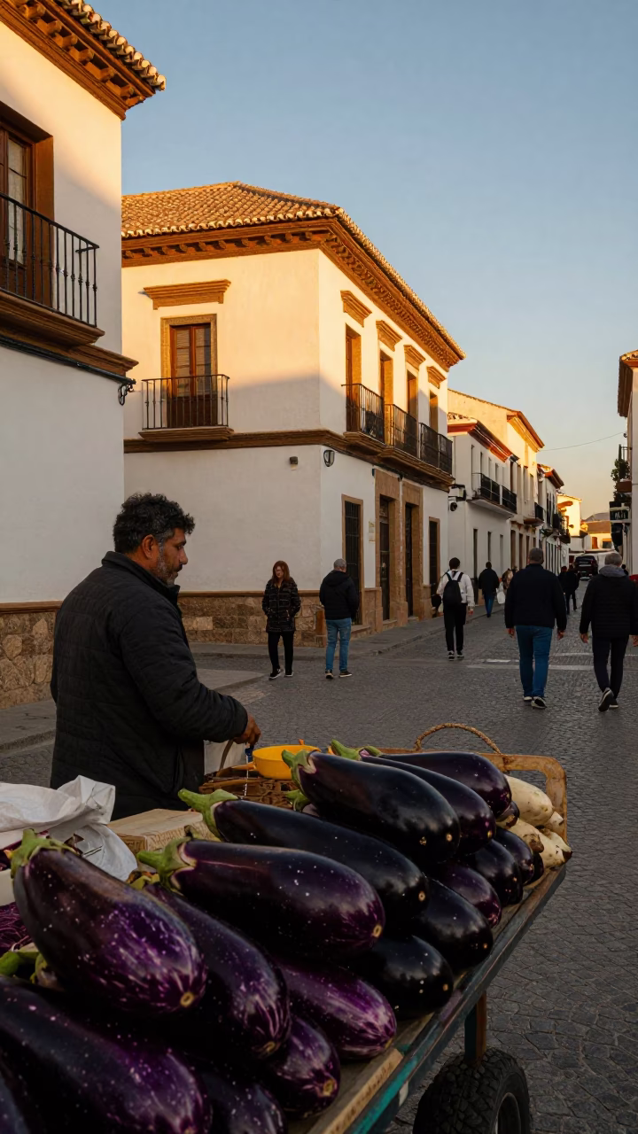 Granada Spain Golden Hour Street Scene with Eggplants and Traditional Architecture in in Granada, Spain