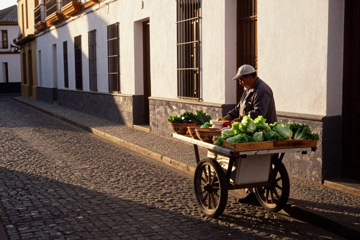 Granada Spain Golden Hour Street Scene with Traditional Ceramic Bowl and Lettuce in in Granada, Spain