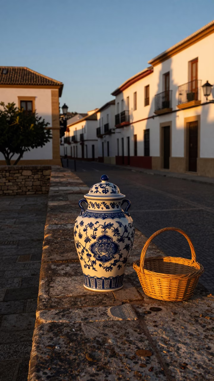 Granada Spain Honeyed Evening Light Blue and White Porcelain Jar on Traditional Tile Terrace in in Granada, Spain