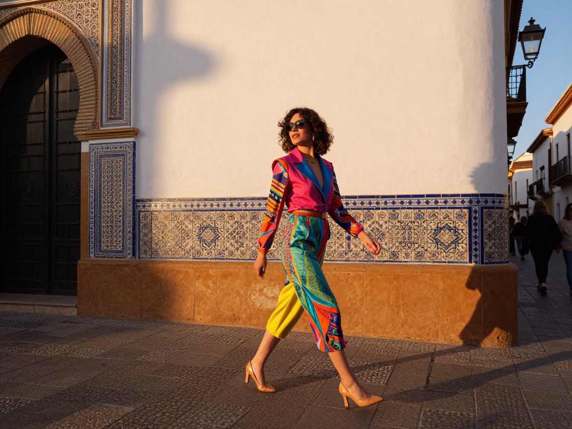 Granada Spain Honeyed Evening Light Colorful High Fashion Street Scene in in Granada, Spain