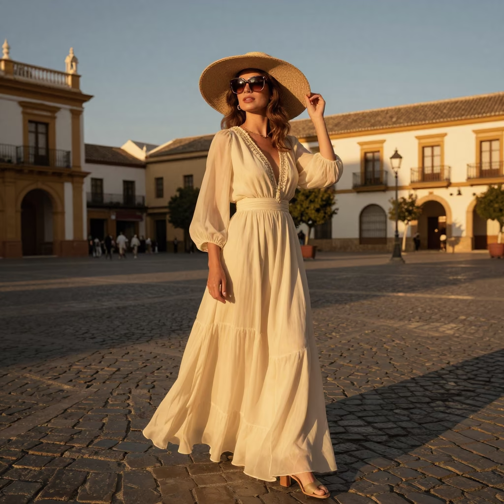 Granada Spain Honeyed Evening Light High Fashion 1970s Style Street Scene in in Granada, Spain