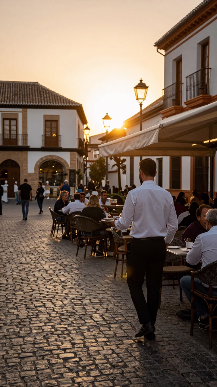 Granada Spain Honeyed Evening Light Street Scene with Local Cafe Details in in Granada, Spain