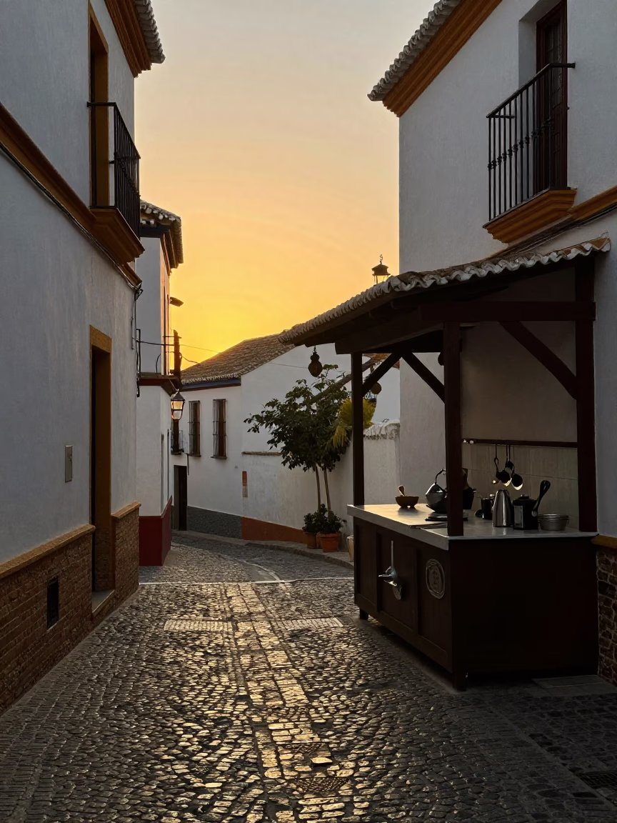 Granada Spain Honeyed Evening Light Street Scene with Local Kitchen Utensil in in Granada, Spain