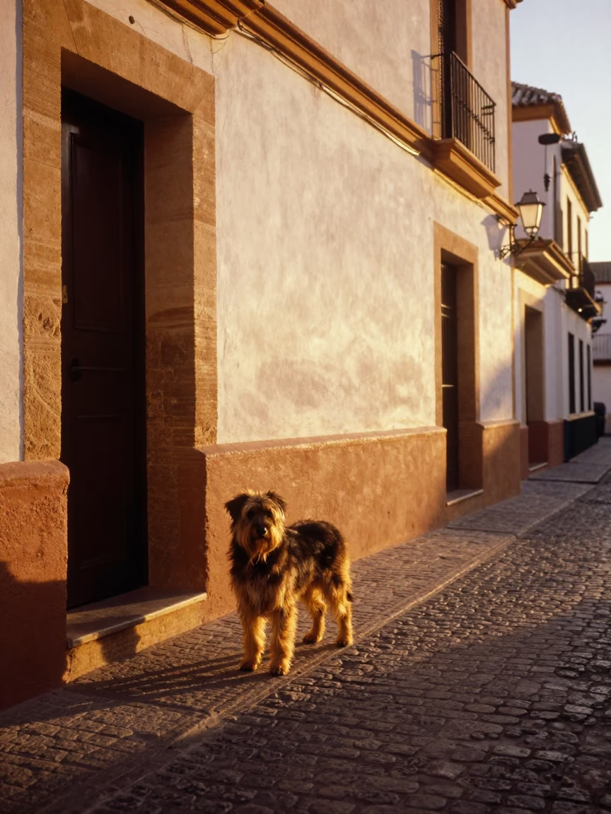 Granada Spain Honeyed Evening Light Street Scene with Schapendoes Dog and Iron Hook Detail in in Granada, Spain
