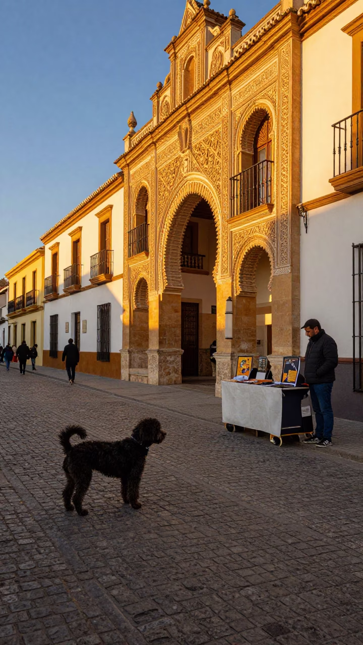 Granada Spain Honeyed Evening Light Street Scene with Spanish Water Dog and Market Goods in in Granada, Spain