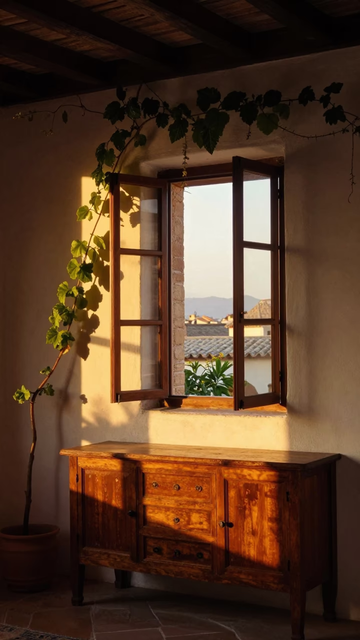 Granada Spain Honeyed Evening Light Traditional Interior with Vine and Patterned Rug in in Granada, Spain
