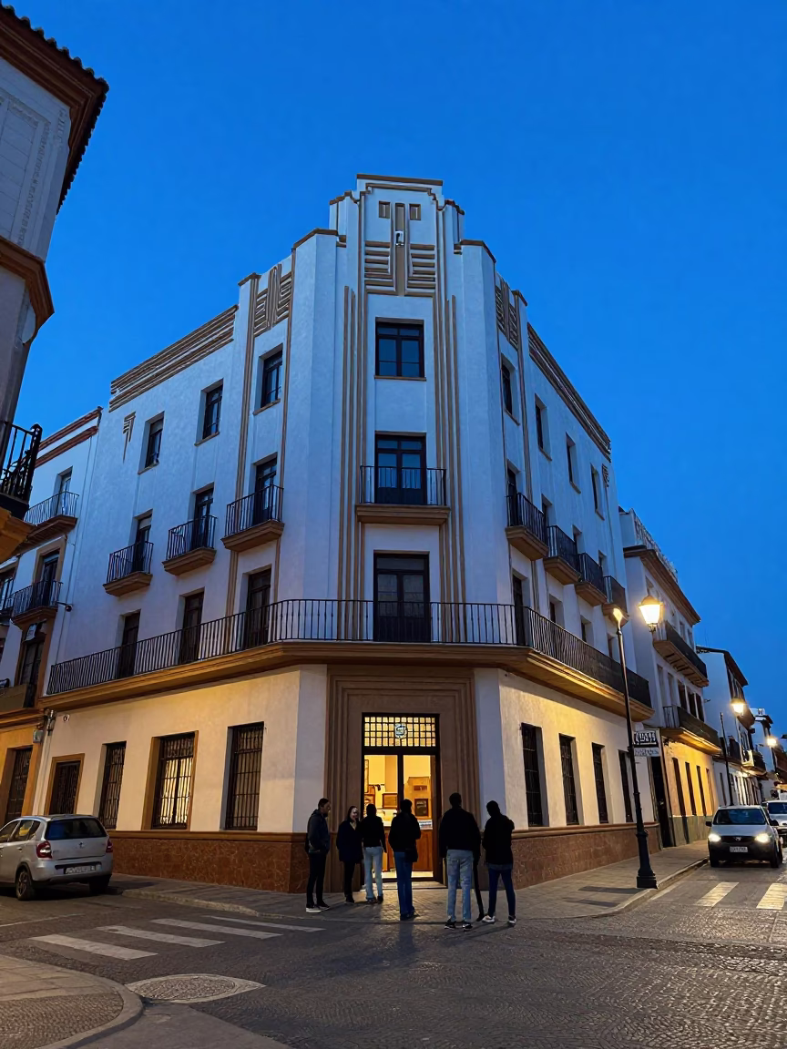Granada Spain Indigo Twilight Street Scene with Art Deco Hotel Facade and Local Life in in Granada, Spain