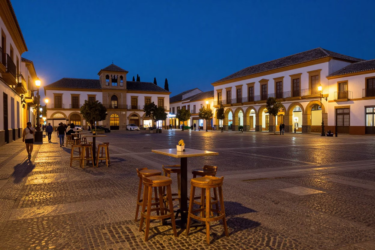 Granada Spain Indigo Twilight Street Scene with Bar Stools and Local Evening Life in in Granada, Spain