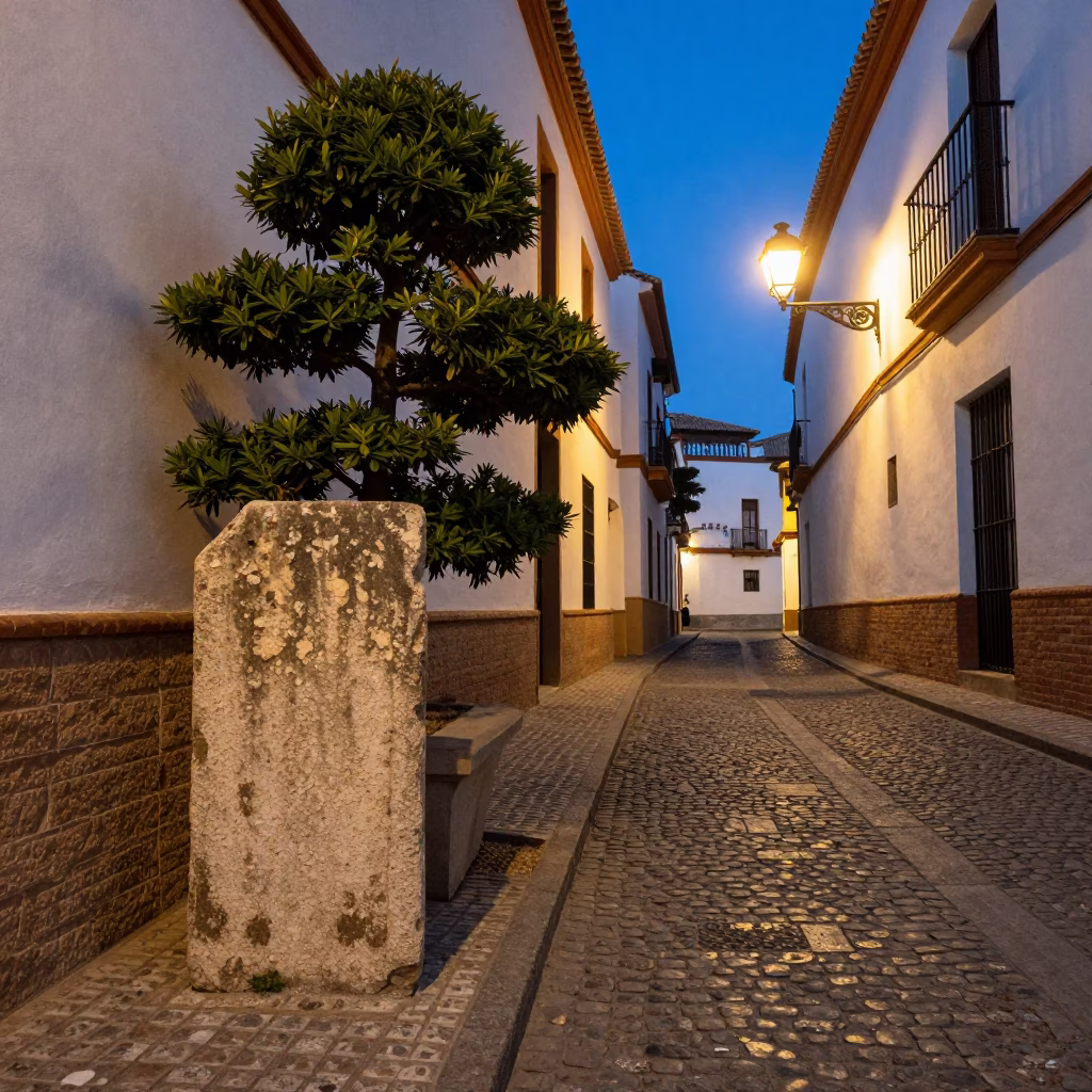 Granada Spain indigo twilight street scene with bonsai juniper on stone slab in in Granada, Spain