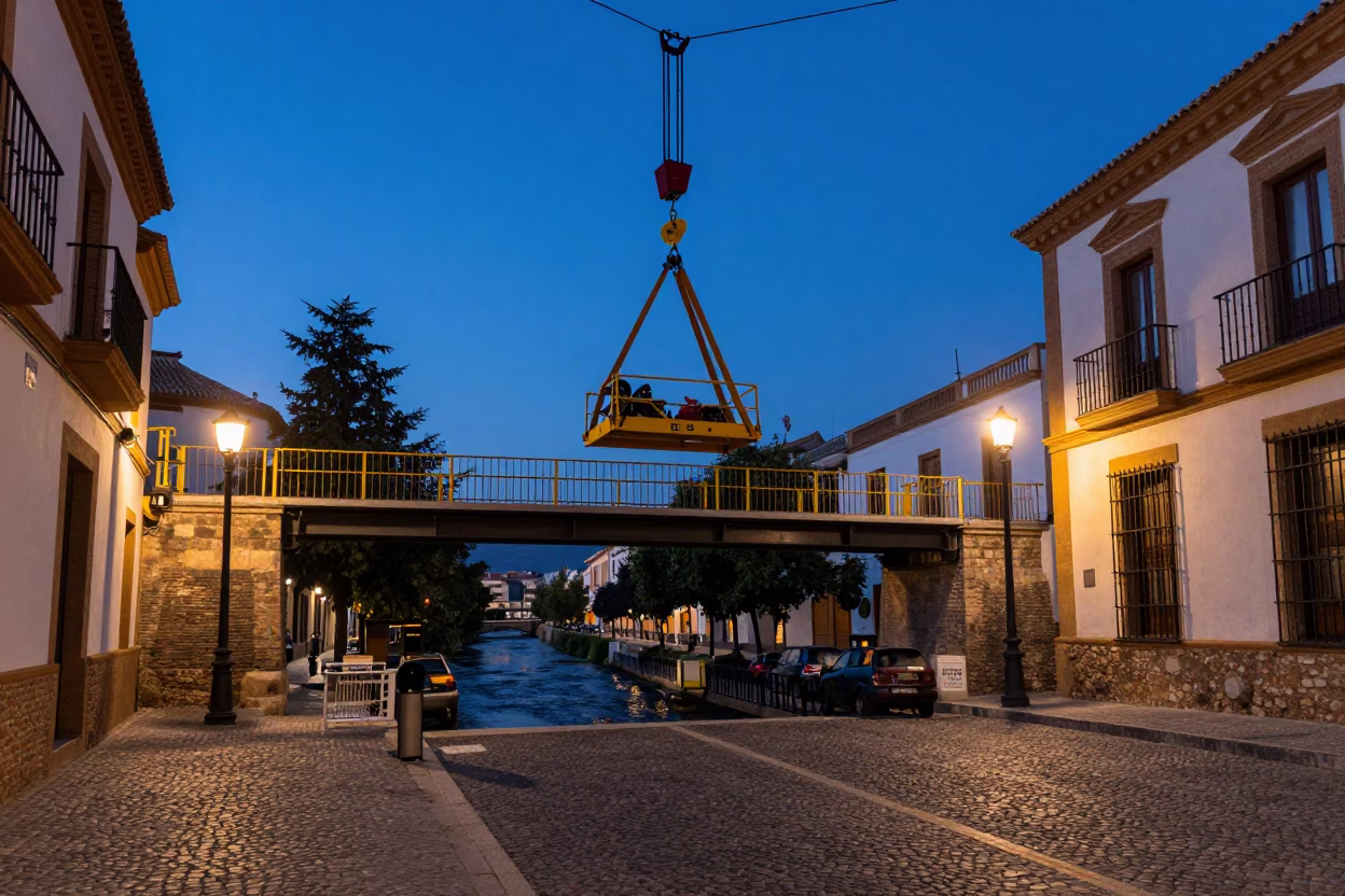 Granada Spain indigo twilight street scene with bridge maintenance cradle and historic architecture in in Granada, Spain