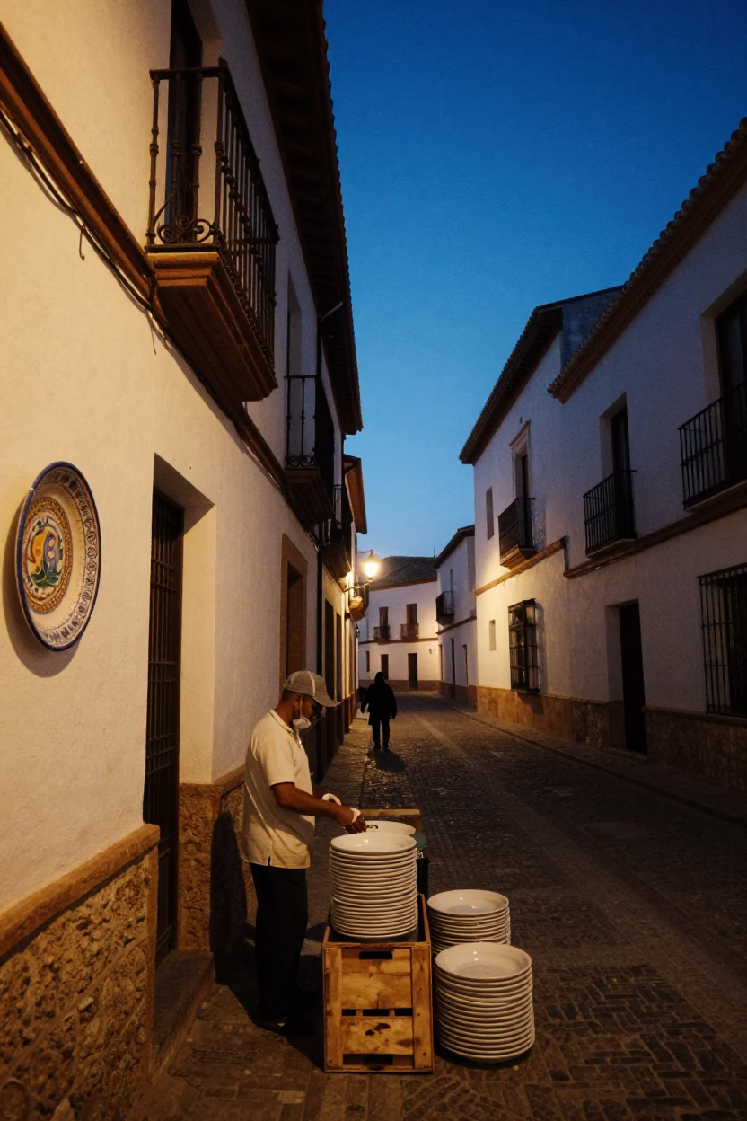 Granada Spain indigo twilight street scene with ceramic plate and palm in in Granada, Spain
