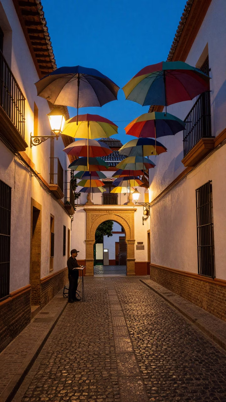 Granada Spain Indigo Twilight Street Scene with Colorful Umbrellas and Traditional Architecture in in Granada, Spain