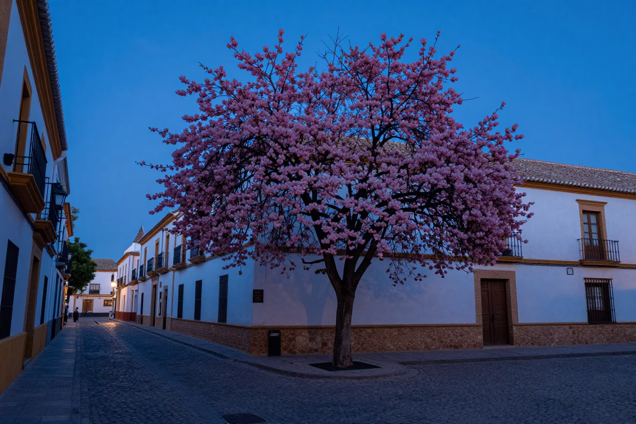 Granada Spain Indigo Twilight Street Scene with Dogwood Tree and Local Life in in Granada, Spain