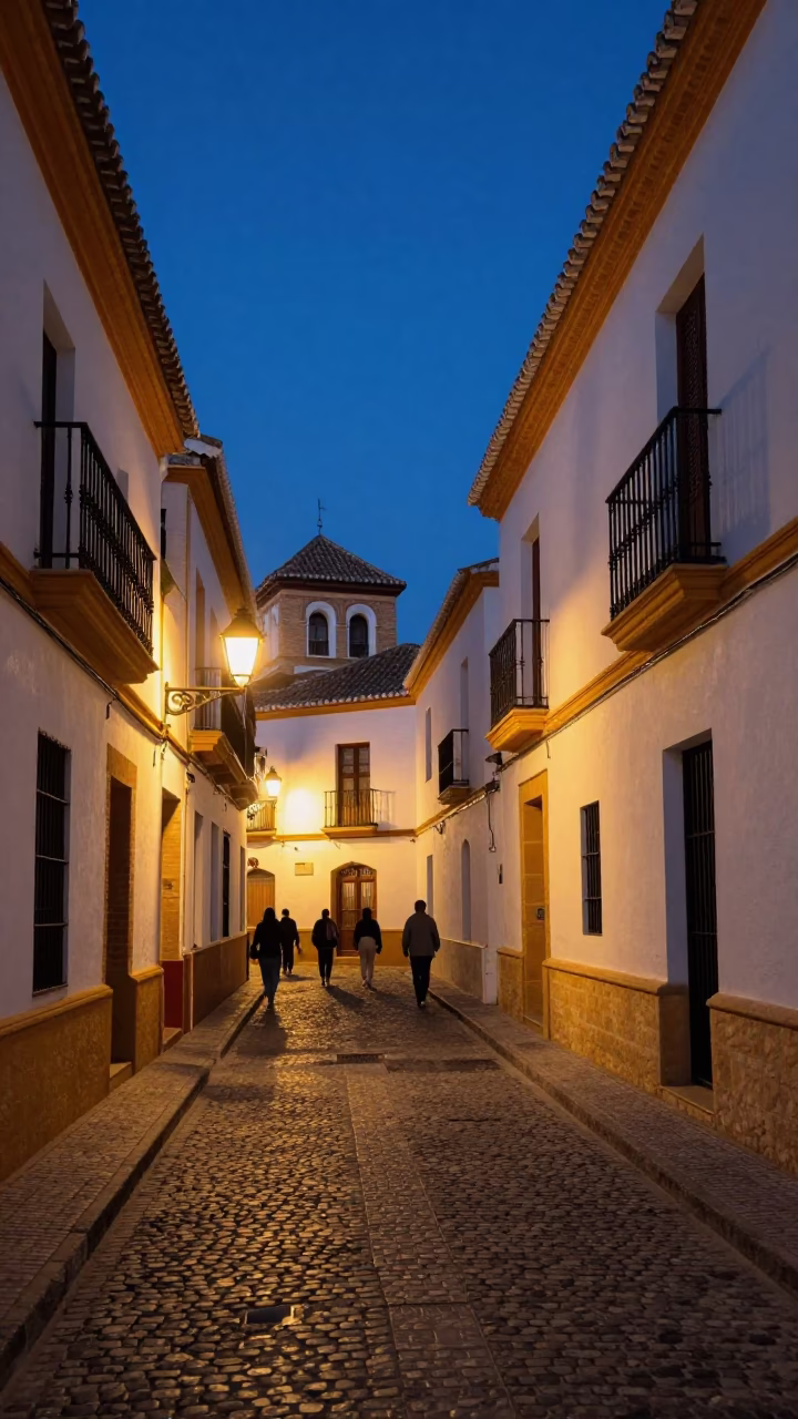 Granada Spain Indigo Twilight Street Scene with Local Life and Traditional Elements in in Granada, Spain