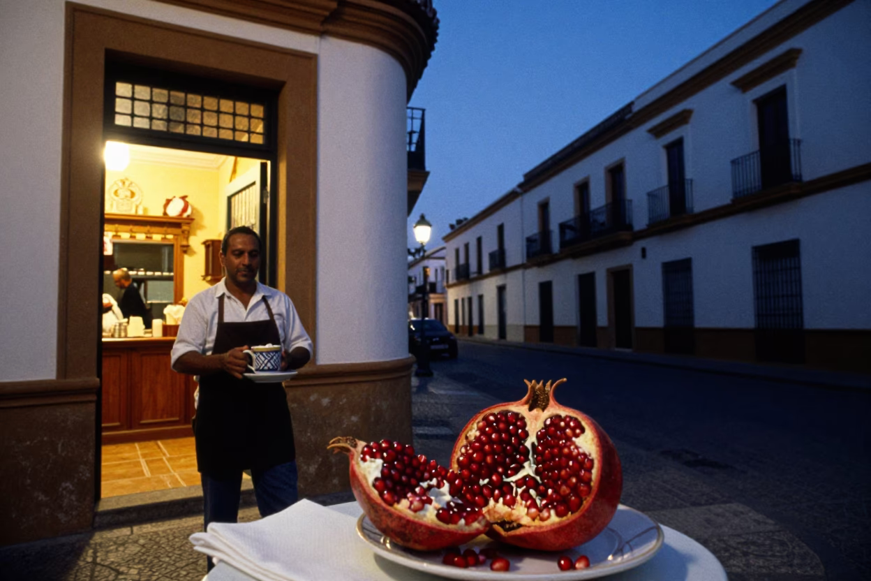 Granada Spain Indigo Twilight Street Scene with Pomegranate and Gelato Display in in Granada, Spain