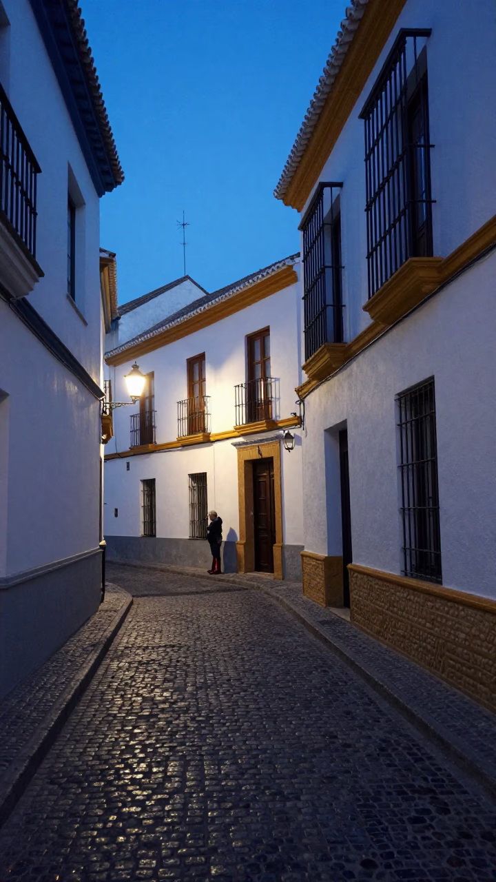 Granada Spain Indigo Twilight Street Scene with Rain Boots and Leaf Shadows in in Granada, Spain