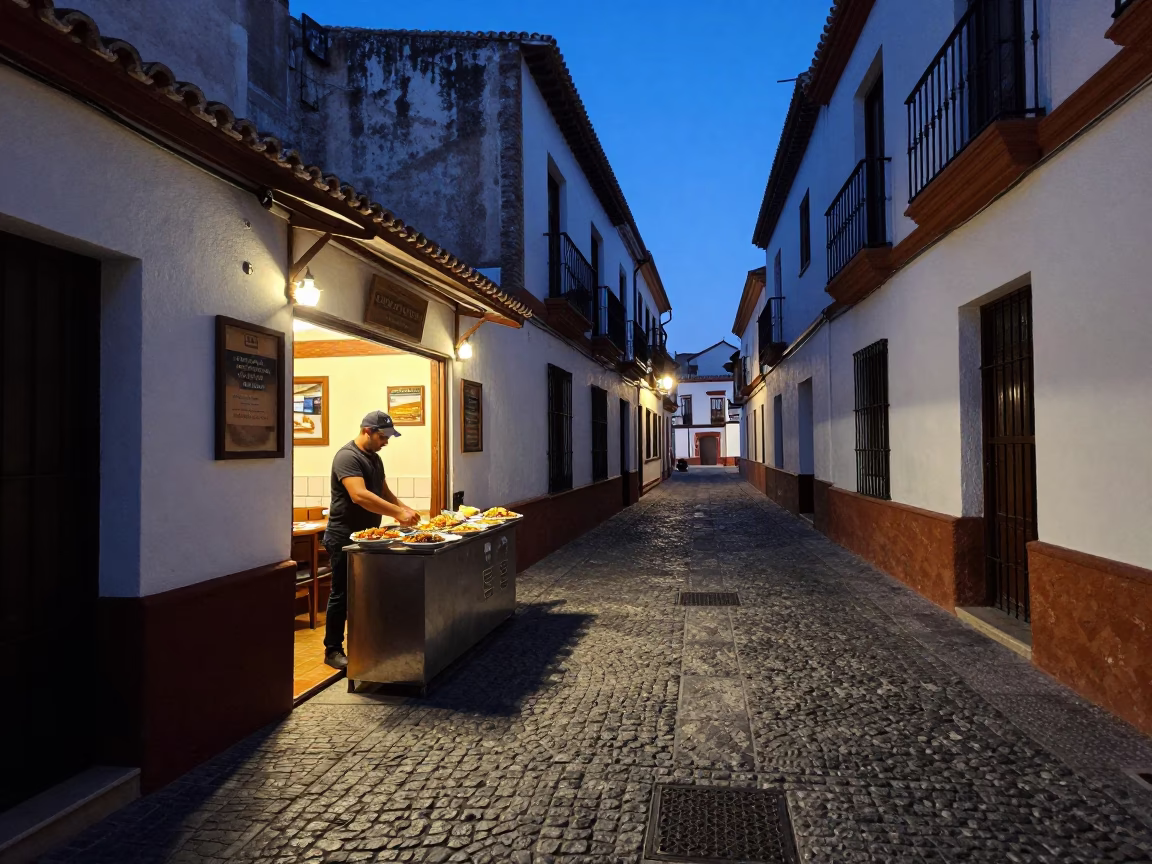 Granada Spain Indigo Twilight Street Scene with Rust and Local Life in in Granada, Spain