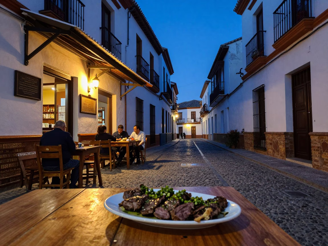 Granada Spain indigo twilight street scene with traditional tapas and bustling evening activity in in Granada, Spain