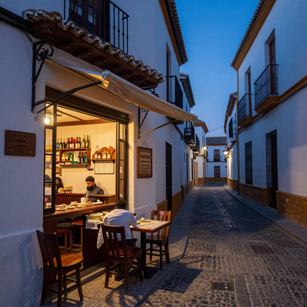 Granada Spain Indigo Twilight Street Scene with Traditional Tapas Bar and Local Atmosphere in in Granada, Spain