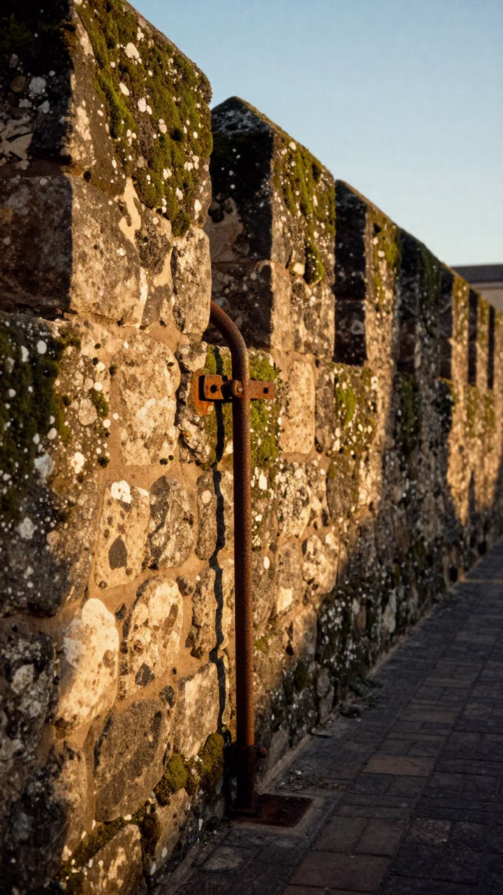 Granada Spain Late Afternoon Mossy Stone Wall Hinge and Street Life Scene in in Granada, Spain