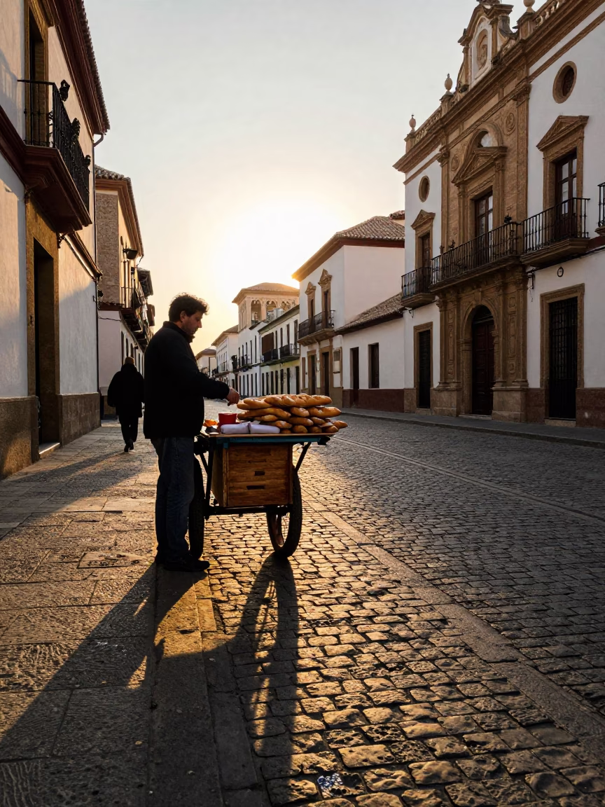 Granada Spain Late Afternoon Street Scene with Baguettes and Historic Alhambra Views in in Granada, Spain