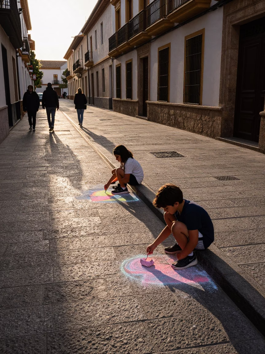Granada Spain Late Afternoon Street Scene with Children Drawing Chalk on Sidewalk in in Granada, Spain
