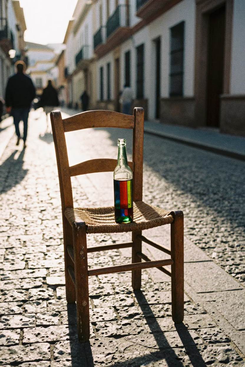 Granada Spain Late Afternoon Street Scene with Colored Glass Bottle on Wooden Chair in in Granada, Spain