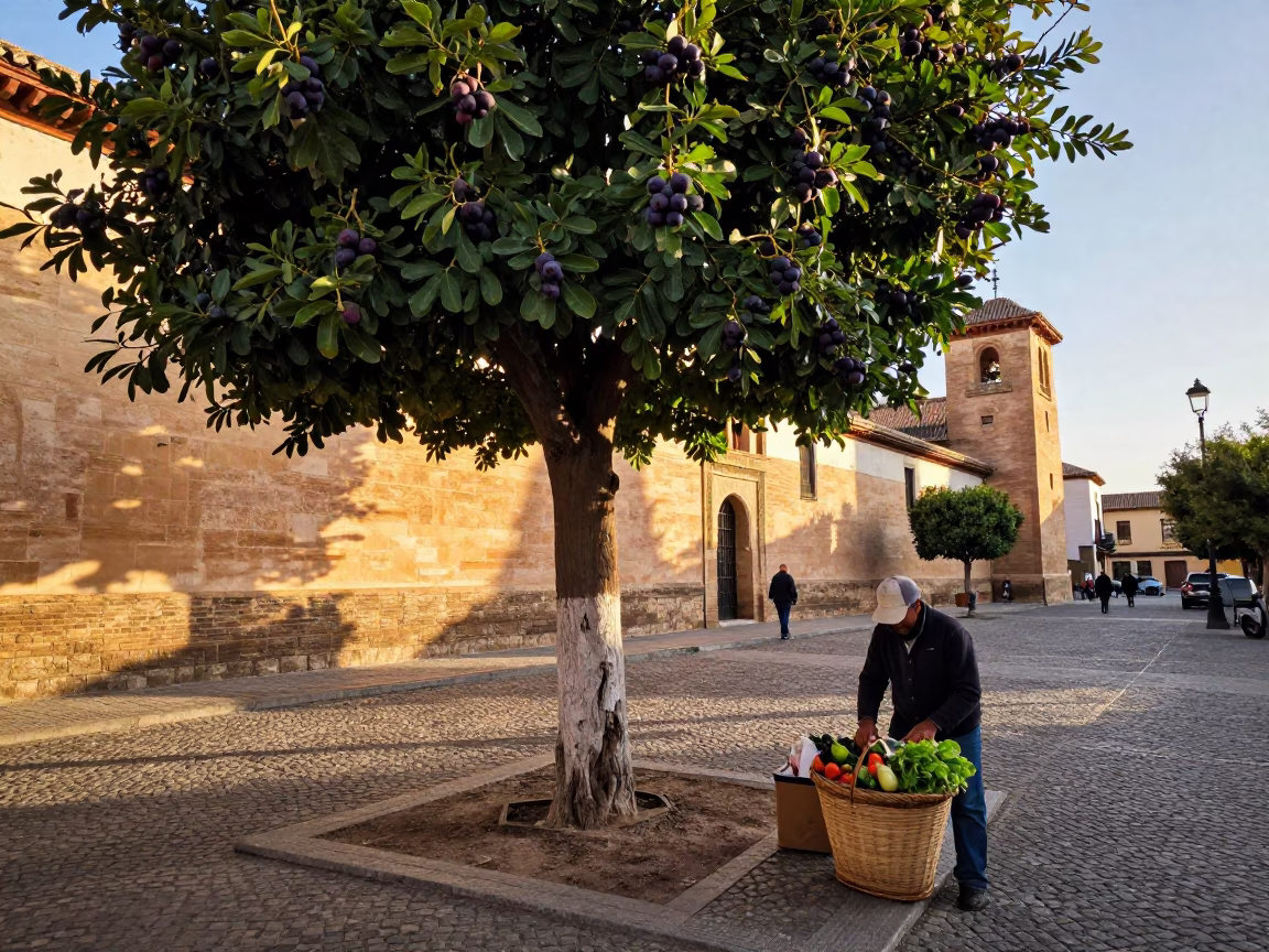 Granada Spain Late Afternoon Street Scene with Fig Tree and Market Basket in in Granada, Spain