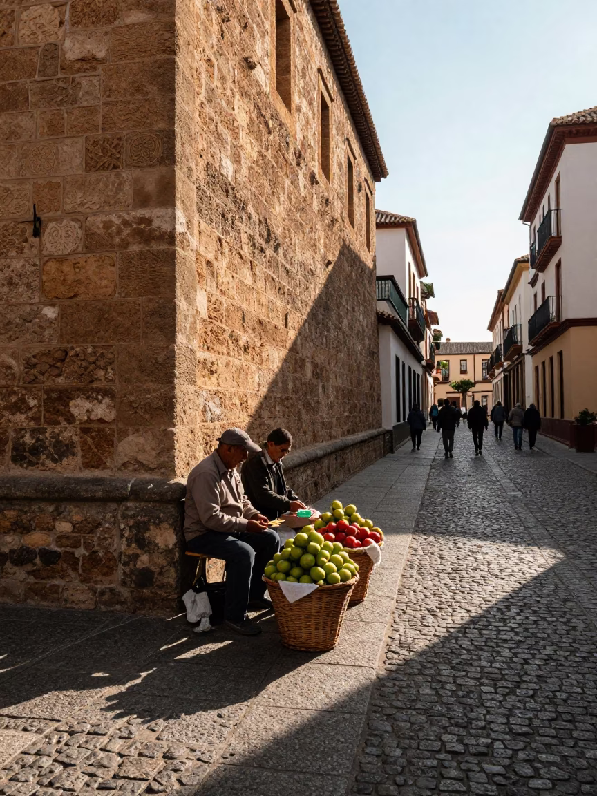 Granada Spain Late Afternoon Street Scene with Fig Vendor and Umbrella Stand in in Granada, Spain