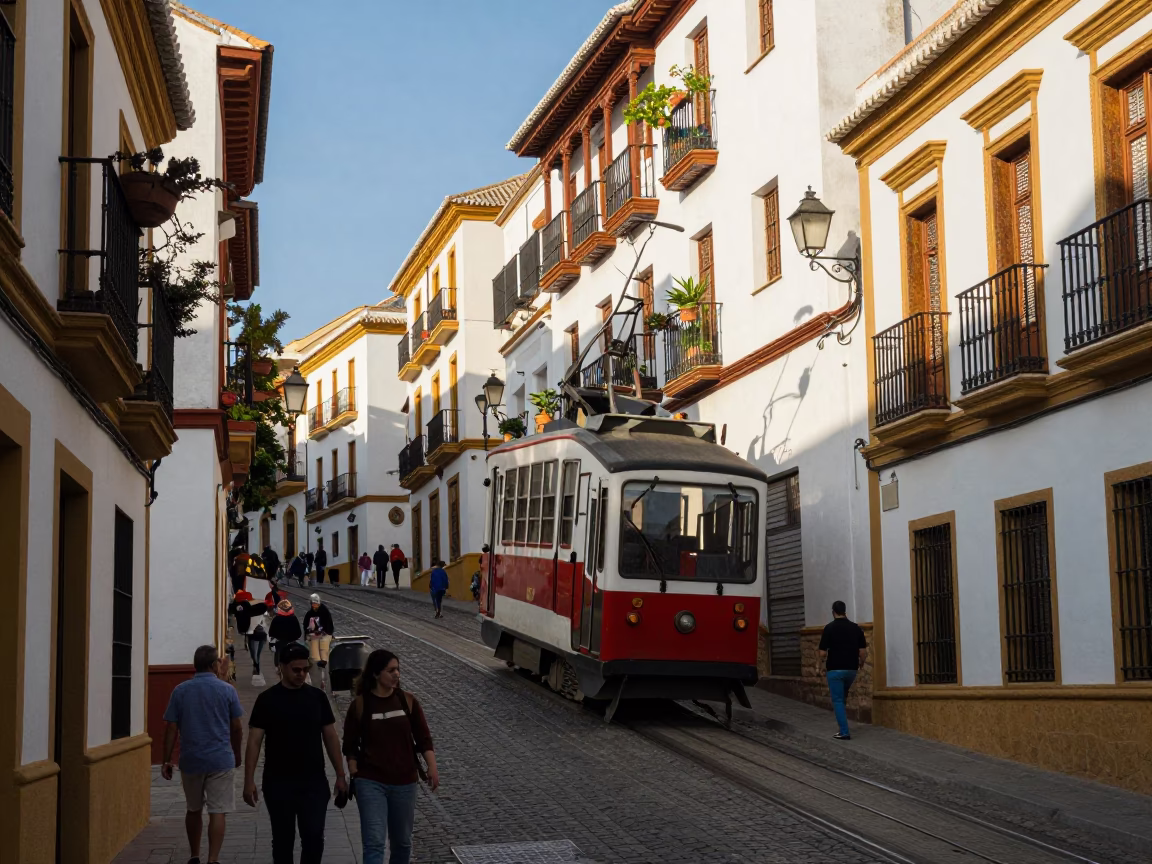 Granada Spain Late Afternoon Street Scene with Funicular Climbing Steep Hill in in Granada, Spain