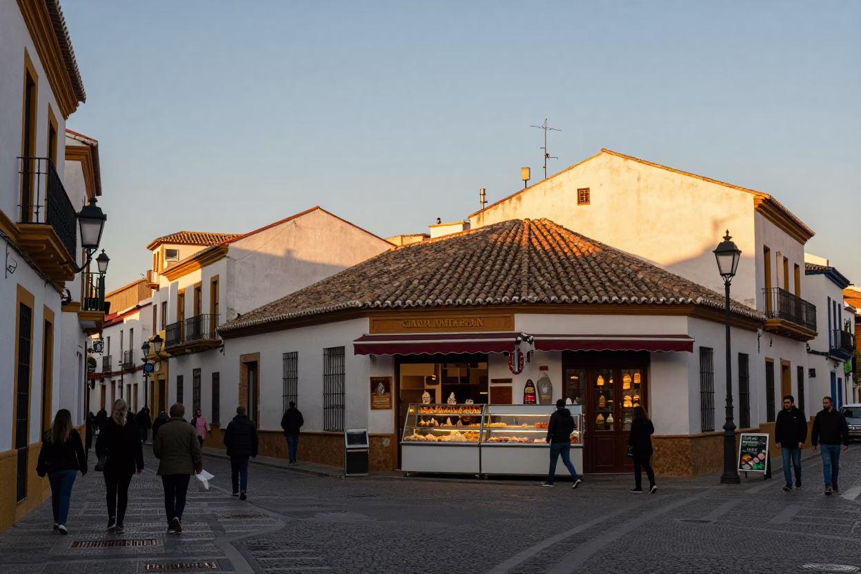 Granada Spain Late Afternoon Street Scene with Gelato Display and Local Interaction in in Granada, Spain